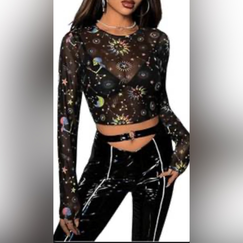 Celestial Print Long Sleeve Beaudrm See Through Crop Top XS